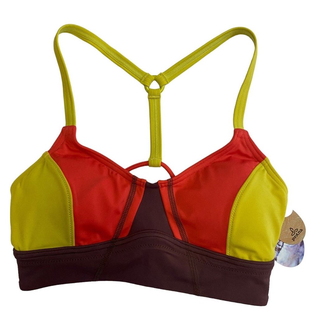 Prana Saba Bikini Top Womens Size XS Thistle Color Block Brown Orange Yellow